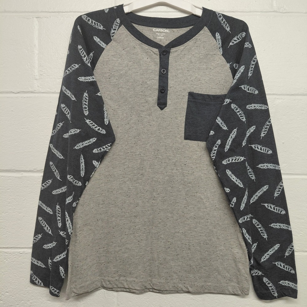 CARBON Henley Shirt LARGE Gray Blue Long Sleeve‎ Feather Print Raglan Baseball